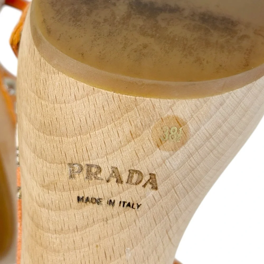PRADA Striped Logo Wood Platform Heeled Sandals